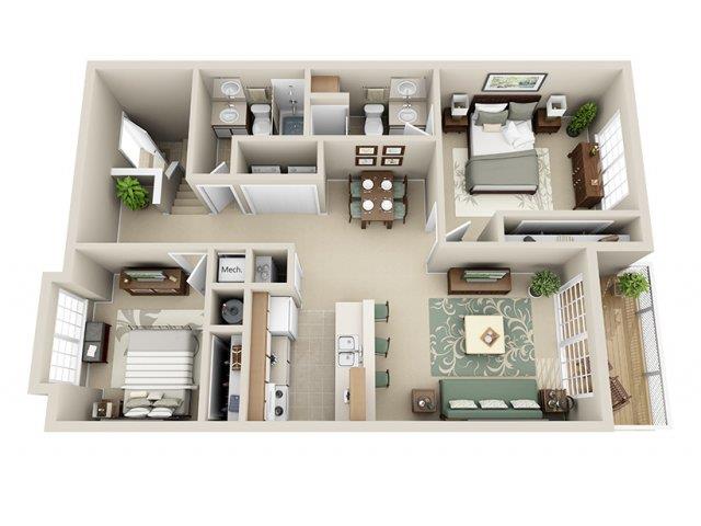 Floor plan for 2 beds, 2 baths, 1080 sqft